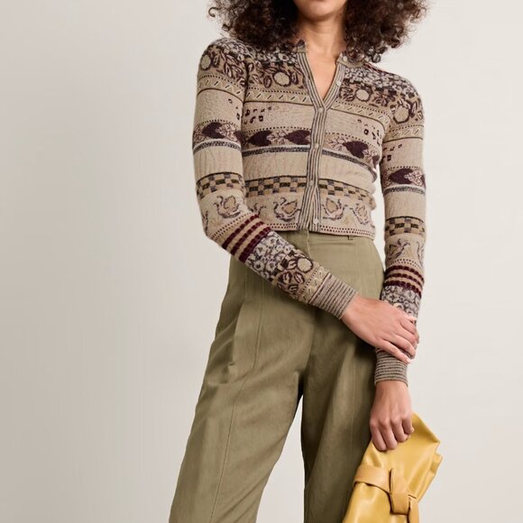 Ulla Johnson Sweaters - Ulla Johnson Beige and Brown Patterned Cropped Cardigan